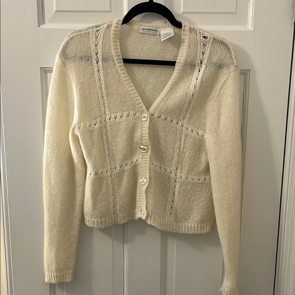 Liz Claiborne Sweaters - Liz Claiborne White Cardigan Sweater with V-neck and Decorative Knit Pattern